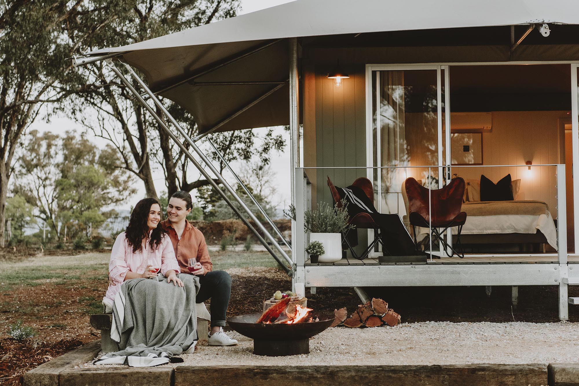 Luxury eco-glamping accommodation in Mudgee firepit sundowners